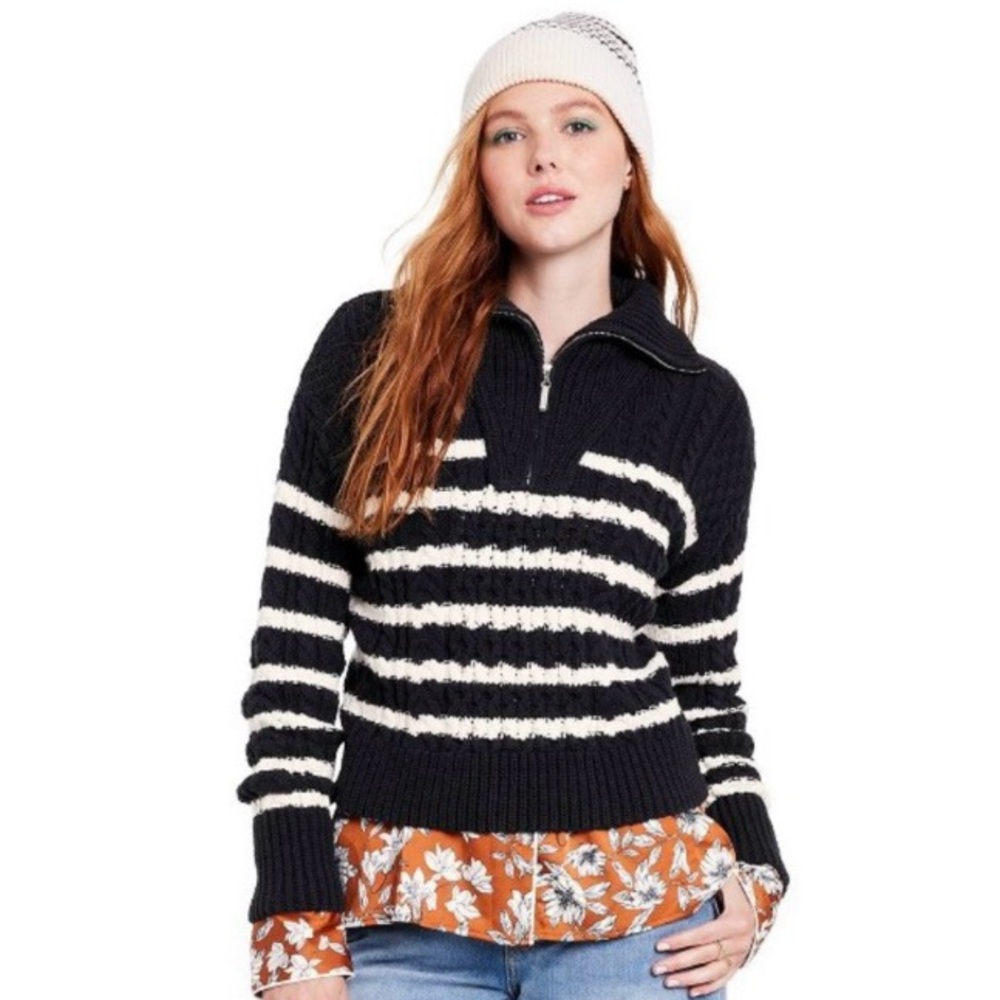 La Ligne x Target Sweater Size M Quarter Zip Striped Cable Knit Black White NWT